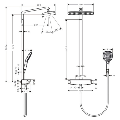 Hansgrohe Raindance Select 360 Showerpipe Душевая система, с верхним душем 36х19см, термостатический смеситель , с ручным душем, цвет: хром фото в интернет-магазине САНТЕХСИТИ