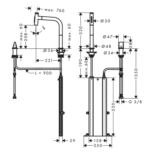 Hansgrohe Metris Select Кухонный смеситель 200, на 2 отв, с вытяжным изливом 2jet, цвет: шлифованный черный хром фото в интернет-магазине САНТЕХСИТИ