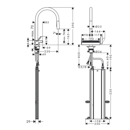 Hansgrohe Aquno Select M81 Смеситель для кухни, на 1 отв, поворотный излив 22см., с вытяжным душем, 3jet, h164мм,+каскад, sBox, цвет: хром фото в интернет-магазине САНТЕХСИТИ