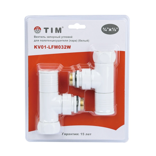 Кран для полотенцесушителя TIM угловой кругл. ручки 3/4"х1/2" г/ш белый фото в интернет-магазине САНТЕХСИТИ