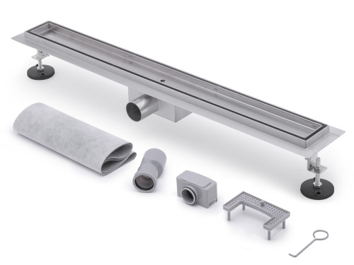 Трап для душа TIM с решеткой под кладку плитки (сух. затвор,горизонт. выпуск) 70*1200 фото в интернет-магазине САНТЕХСИТИ