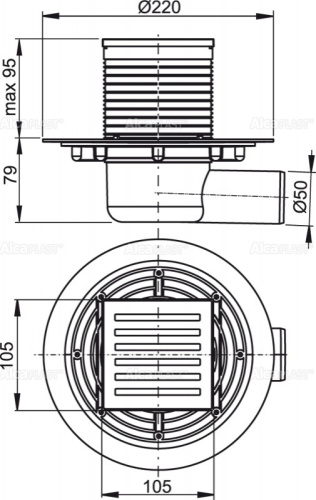 Трап сливной ALCAPLAST боковой 105×105/50 решетка хр.латунь, мокр.гидрозатвор фото в интернет-магазине САНТЕХСИТИ