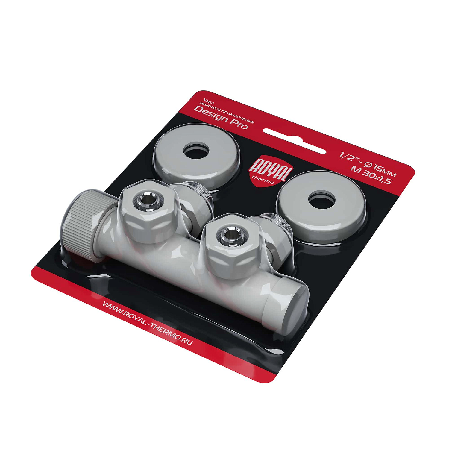 Узел нижнего подключения термостатический угловой Royal Thermo Design Pro 15мм М30х1,5 (Белый) фото в интернет-магазине САНТЕХСИТИ