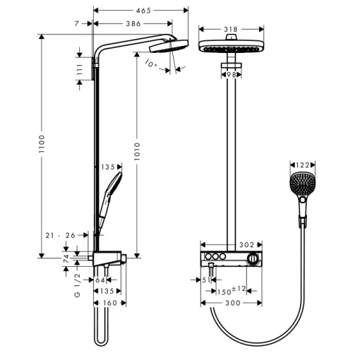 Hansgrohe Raindance Душевой гарнитур, в набор входят: верхний душ Raindance Select 300 3 jet с шарнирным соединением и QuickClean 2 типа струи: Rain: широкая дождевая струя. RainAir: объемная дождевая струя с технологией AIRPower, термо фото в интернет-магазине САНТЕХСИТИ