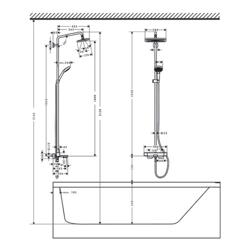 Hansgrohe Croma E 280 1jet Душевая система Showerpipe с термостатом для ванны, хром фото в интернет-магазине САНТЕХСИТИ