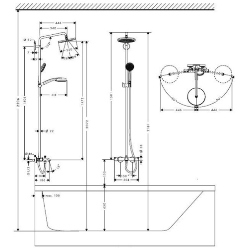 Hansgrohe Croma Душевая система Showerpipe: верхний душ 220 1jet, ручной душ, термостат для ванны, штанга для душа, держатель, излив 186мм, цвет: хром фото в интернет-магазине САНТЕХСИТИ