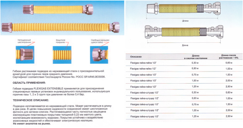 Подводка для газа сильфон Flexitub Extensible 1/2" 0.5-1 гг в желт.оболочке фото в интернет-магазине САНТЕХСИТИ