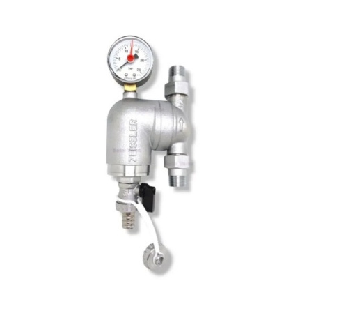 Фильтр промывной ZEISSLER вертикальный 3/4" с манометром, латунный (никель) корпус фото в интернет-магазине САНТЕХСИТИ