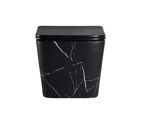 EG633Black-W Подвесной унитаз EvaGold мрамор черно-белый, безободковый, сид. черн. мат. тонкое ДП фото в интернет-магазине САНТЕХСИТИ