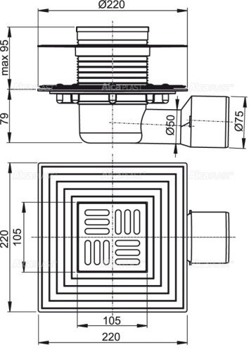 Трап сливной ALCAPLAST боковой 105×105/50/75 нерж.решетка фото в интернет-магазине САНТЕХСИТИ