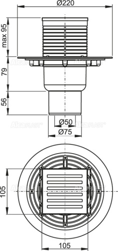 Трап сливной ALCAPLAST прямой 105×105/50/75 решетка хр.латунь, мокр.гидрозатвор фото в интернет-магазине САНТЕХСИТИ