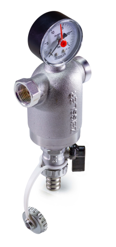 Фильтр промывной ZEISSLER 1/2" с манометром, латунный (никель) корпус фото в интернет-магазине САНТЕХСИТИ