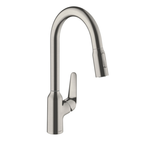 Hansgrohe Focus Кухонный смеситель, на 1 отв., с выдвижным изливом, изилв: 22см., цвет: полированная сталь фото в интернет-магазине САНТЕХСИТИ