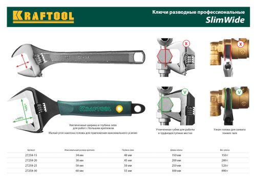 KRAFTOOL  SlimWide, 300/60 мм, разводной ключ (27258-30) фото в интернет-магазине САНТЕХСИТИ