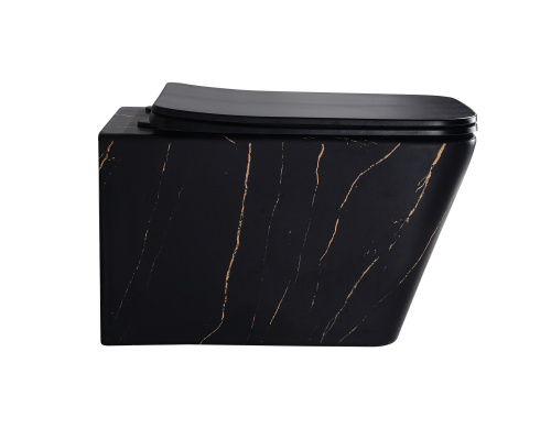 EG633Black-G Подвесной унитаз EvaGold мрамор черное золото, безободковый, сид. черн. мат. тонкое ДП фото в интернет-магазине САНТЕХСИТИ