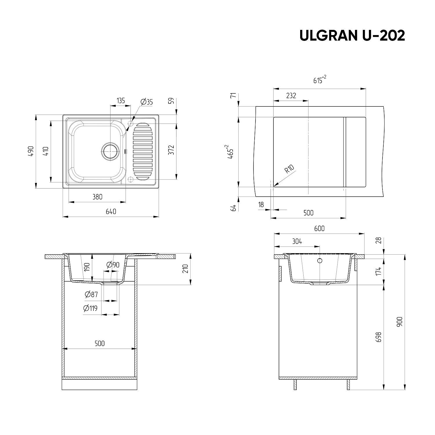 Мойка композит.Ulgran U-202 ПРЯМОУГОЛЬНАЯ 308 черный 640*490*210  с сифоном фото в интернет-магазине САНТЕХСИТИ