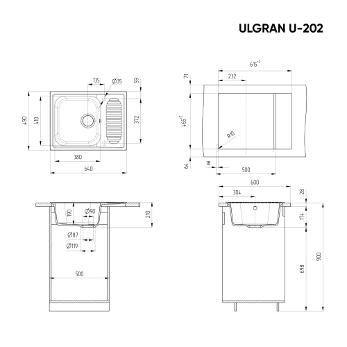 Мойка композит.Ulgran U-202 ПРЯМОУГОЛЬНАЯ 308 черный 640*490*210  с сифоном фото в интернет-магазине САНТЕХСИТИ