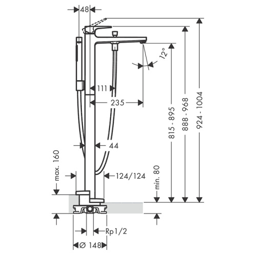 Hansgrohe Metropol Смеситель для ванны, напольный, с ручным душем, излив: 23.5см, цвет: шлифованная бронза фото в интернет-магазине САНТЕХСИТИ
