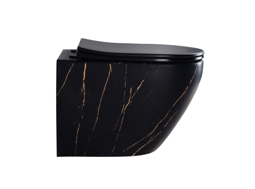 EG505Black-G Подвесной унитаз EvaGold мрамор черное золото, безободковый, сид. черн. мат. тонкое ДП фото в интернет-магазине САНТЕХСИТИ