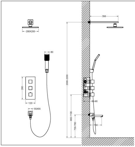 Душевая система встроенная с термостатом Timo Tetra-thermo SX-0199/03SM черный фото в интернет-магазине САНТЕХСИТИ