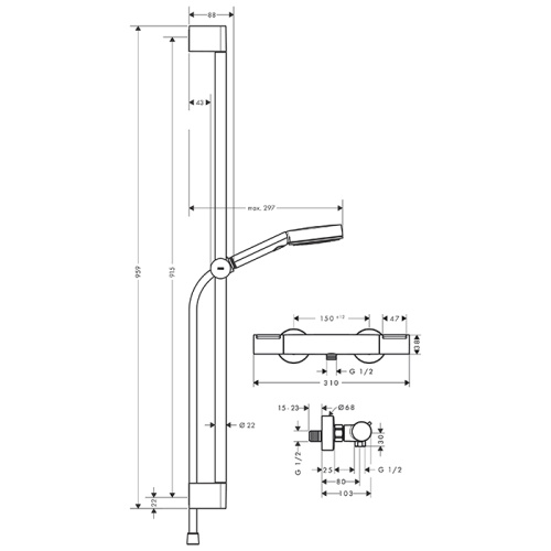 Hansgrohe Ecostat Душевой гарнитур с термостатическим смесителем, ручным душем и душевой штангой 90см, цвет: хром фото в интернет-магазине САНТЕХСИТИ