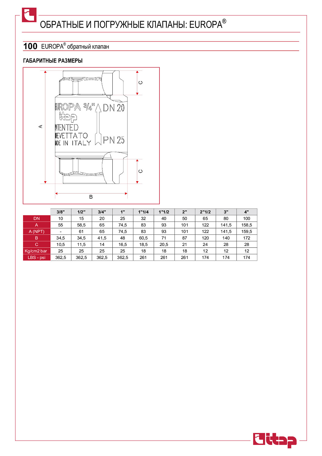 Обратный клапан ITAP EUROPA 3/4" пружинный латунный фото в интернет-магазине САНТЕХСИТИ