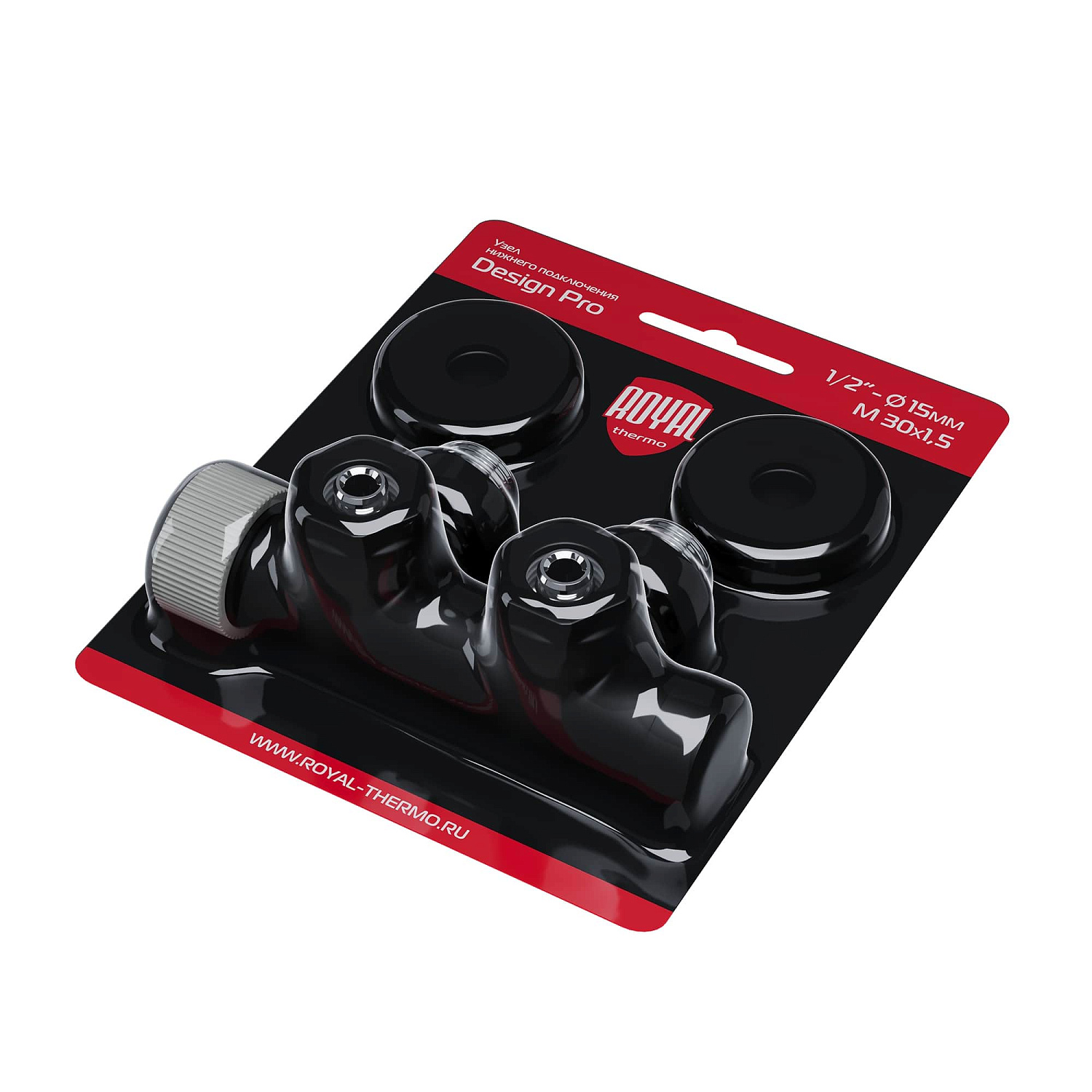 Узел нижнего подключения термостатический угловой Royal Thermo Design Pro 15мм М30х1,5 (Черный) фото в интернет-магазине САНТЕХСИТИ