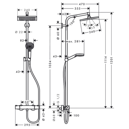 Hansgrohe Crometta E 240 SHP Душевая система 103см, с верхним душем 240х240мм., ручным душем и термостатическим смесителем, цвет: хром фото в интернет-магазине САНТЕХСИТИ