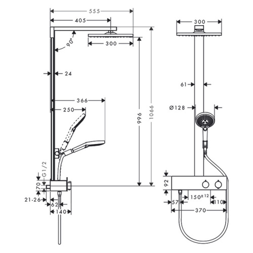 Hansgrohe Raind.E 300 1j Душевая система, с верхним душем 30х30см., ручным душем, и термостатическим смесителем, цвет: хром фото в интернет-магазине САНТЕХСИТИ