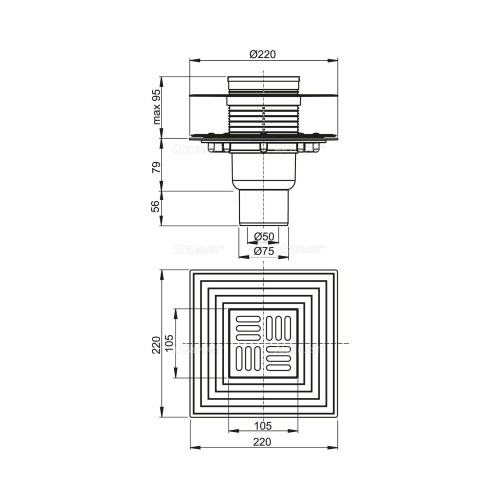 Сливной трап ALCAPLAST прямой 105*105/50 (комб.затвор-SMART) фланец нерж.сталь, 2–х уровневый фото в интернет-магазине САНТЕХСИТИ