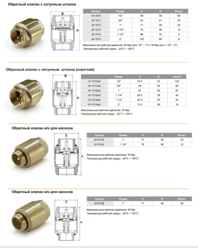 Обратный клапан TIM усиленный с латунным штоком 11/4" г/ш для скважинныго насоса фото в интернет-магазине САНТЕХСИТИ