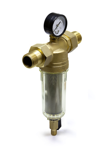 Фильтр промывной TIM 1/2" с манометром, стеклянный корпус фото в интернет-магазине САНТЕХСИТИ