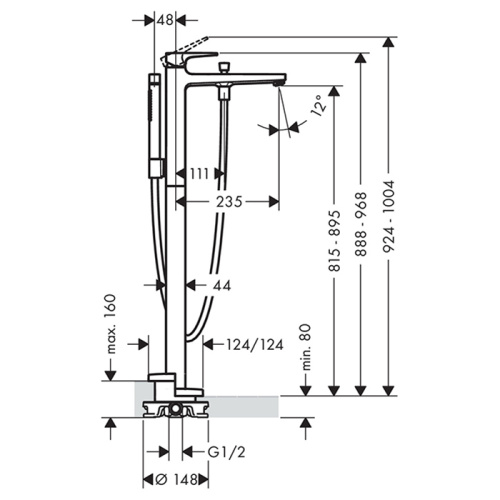 Hansgrohe Metropol Смеситель для ванны, на 1 отв, напольный, с ручным душем, излив 235мм, цвет: шлифованный черный хром фото в интернет-магазине САНТЕХСИТИ
