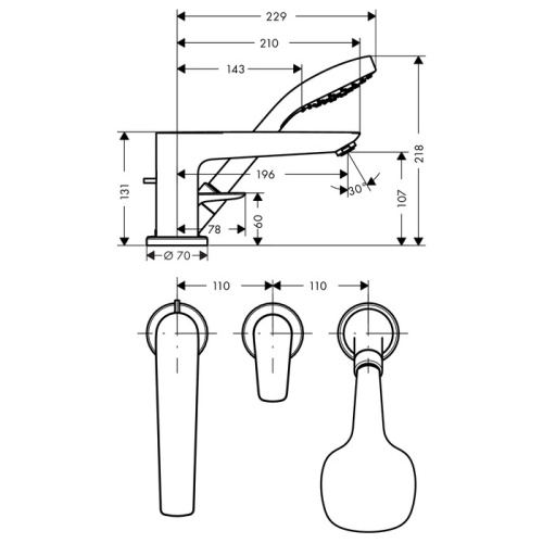 Hansgrohe Talis E Смеситель на край ванны, на 3 отв., с ручным душем, цвет: хром фото в интернет-магазине САНТЕХСИТИ