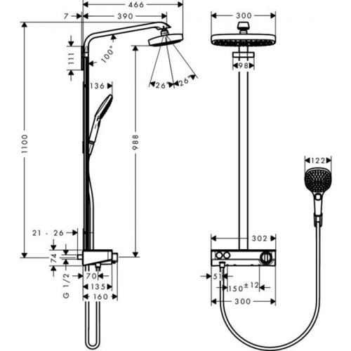 Hansgrohe Raindance Select E 300 Showerpipe Душевая система, с верхним душем 30х19см., ручным дешем, и термостатическим смесителем, цвет: хром фото в интернет-магазине САНТЕХСИТИ