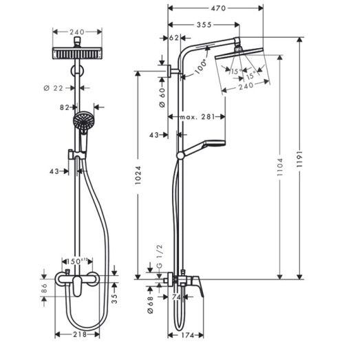 Hansgrohe Crometta E 240 SHP Душевая система 102см, с верхним душем 240х240мм., ручным дешем и однорычажным семесителем, цвет: хром  ЦЕНА по АКЦИИ фото в интернет-магазине САНТЕХСИТИ