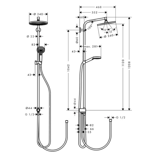 Hansgrohe Crometta S 240 SHP Душевая система 102см, с верхним &Oslash;240мм. и ручным душем, цвет: хром (без смесителя!) фото в интернет-магазине САНТЕХСИТИ