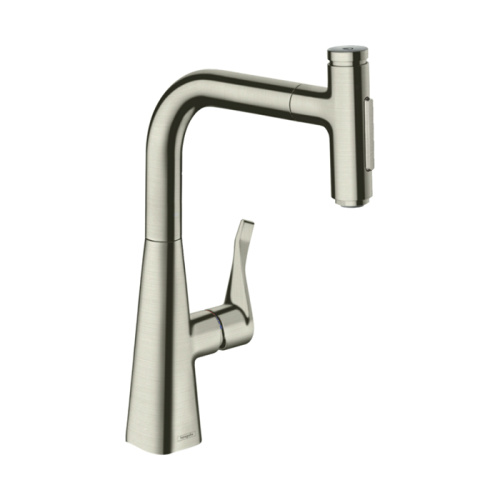 Hansgrohe Metris M71 Смеситель для кухни, на 1 отв, поворотный излив: 20.8см с вытяжным душем, 2jet, h238мм, sBox кнопка вкл/выкл,, цвет: нержавейка фото в интернет-магазине САНТЕХСИТИ