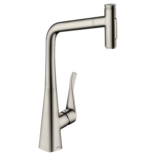 Hansgrohe Metris M71 Смеситель для кухни, на 1 отв, поворотный излив: 23.5см с вытяжным душем, 2jet, h: 33.3см, sBox, цвет: нержавейка фото в интернет-магазине САНТЕХСИТИ