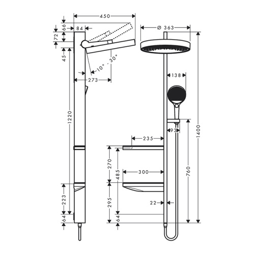 Hansgrohe Showerpipe Душевая система 1jet (верхний душ, штанга, ручной душ, полочки), цвет: белый матовый фото в интернет-магазине САНТЕХСИТИ