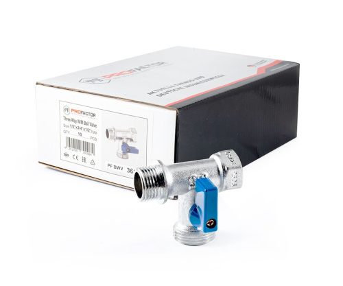 Кран шаровой PROFACTOR CHROME трёхпроходной для бытовой техники в/н/н 1/2" х 3/4" х 1/2" фото в интернет-магазине САНТЕХСИТИ