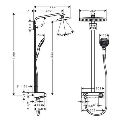 Hansgrohe Raindance Select E 360 Showerpipe 1 jet Душевая система, с верхним душем 36х19см., ручным дешем, и термостатическим смесителем, цвет: хром/белый фото в интернет-магазине САНТЕХСИТИ