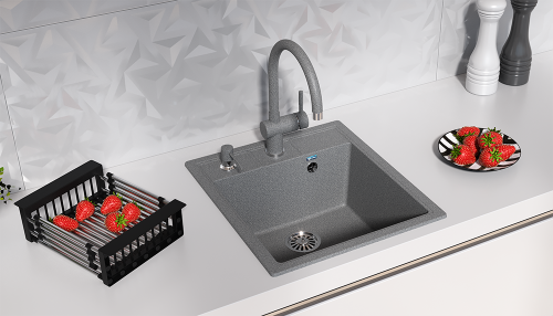 Мойка композит.Ulgran U-406 КВАДРАТНАЯ 309 темно-серый 450*500*210  с сифоном фото в интернет-магазине САНТЕХСИТИ