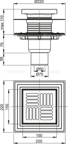 Трап сливной ALCAPLAST прямой 150×150/50 нерж.решетка, фланец нерж. фото в интернет-магазине САНТЕХСИТИ