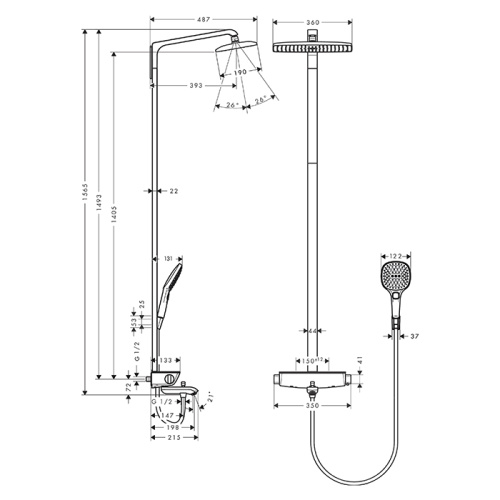 Hansgrohe Raindance Select 360 Showerpipe Душевая стойка с верхним душем 36х36см., термостатом и ручным душем, цвет: хром/белый фото в интернет-магазине САНТЕХСИТИ
