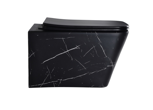 EG633Black-W Подвесной унитаз EvaGold мрамор черно-белый, безободковый, сид. черн. мат. тонкое ДП фото в интернет-магазине САНТЕХСИТИ