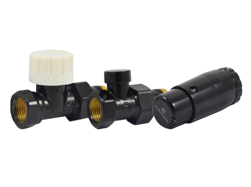 Комплект кранов для радиатора SCHLOSSER прямой STANDARD 1/2" (Ral 9005) с термоголовкой фото в интернет-магазине САНТЕХСИТИ