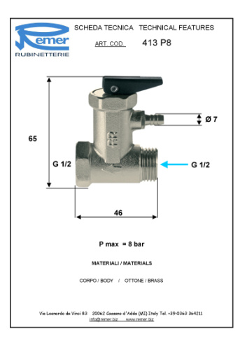 Клапан предохранительный для бойлера REMER с ручкой 1/2" 8bar фото в интернет-магазине САНТЕХСИТИ