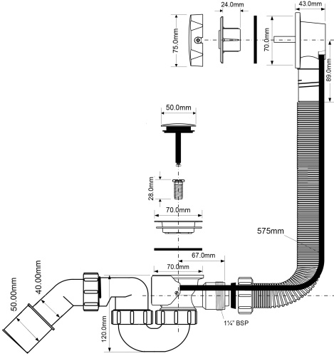 Сифон для ванны MCALPINE с автопереливом (L575ммхD34мм) MRB2C-PB фото в интернет-магазине САНТЕХСИТИ