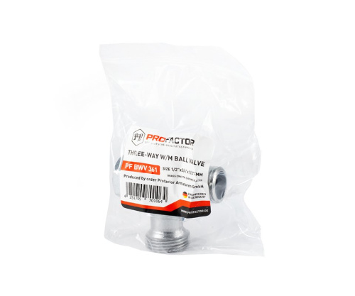 Кран шаровой PROFACTOR CHROME трёхпроходной для бытовой техники в/н/н 1/2" х 3/4" х 1/2" фото в интернет-магазине САНТЕХСИТИ